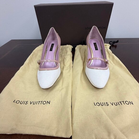Louis Vuitton Purple Patent & Cream Canvas Heels - Picture 1 of 13